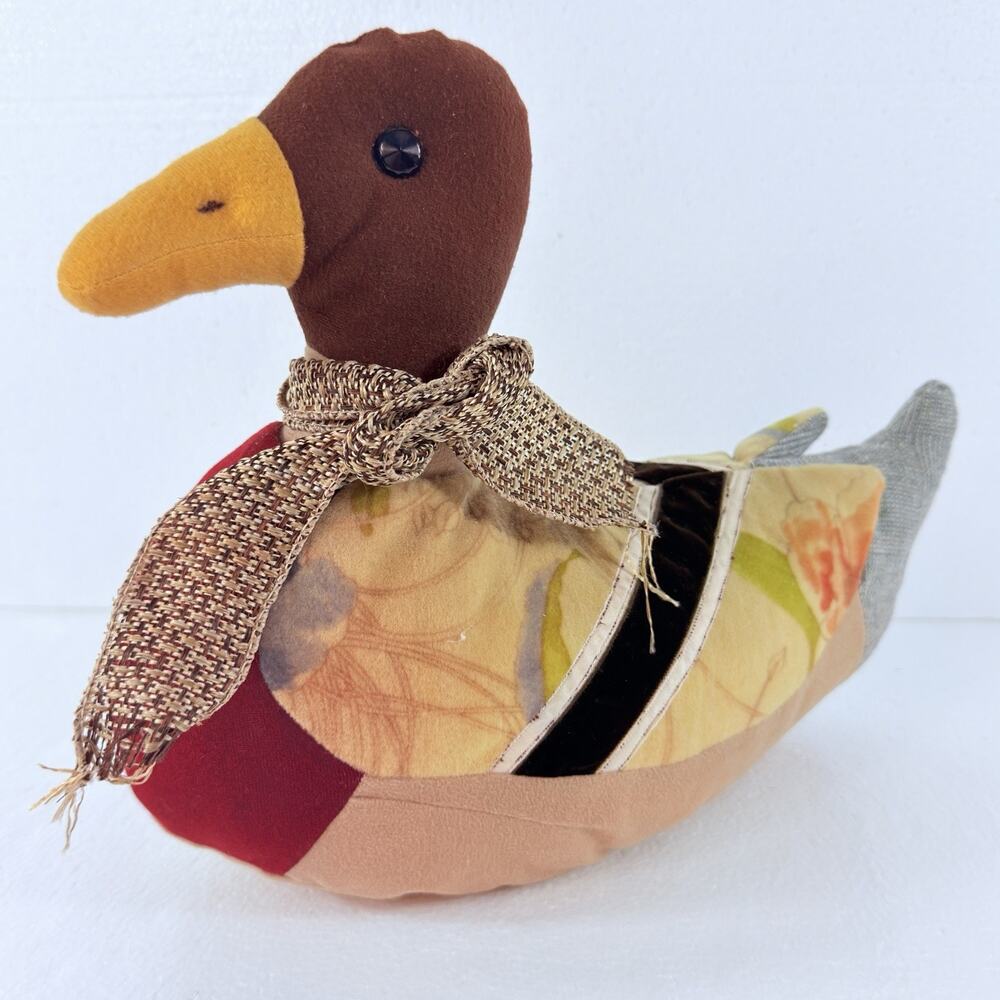 VTG Patchwork Fabric Mallard Duck Plush Stuffed Pillow Shelf Sitter Mid Century